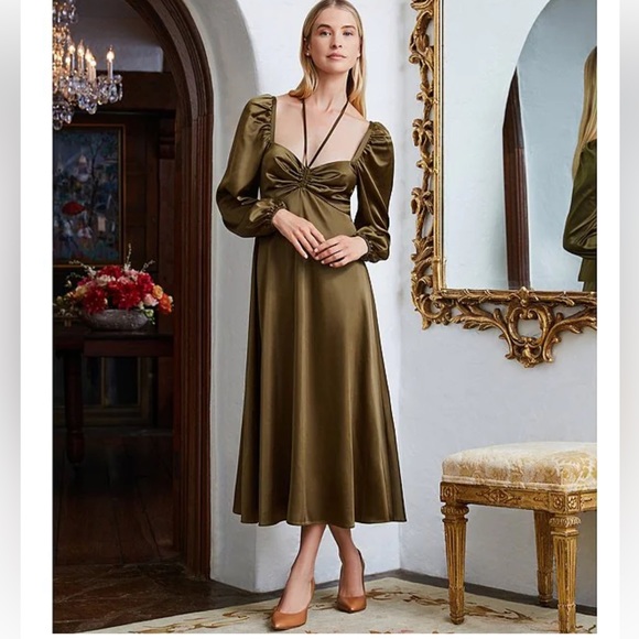 NWT Antonio Melani Bella Square Neck Long Blouson Sleeve Ruched Satin Midi Dress - Picture 2 of 11